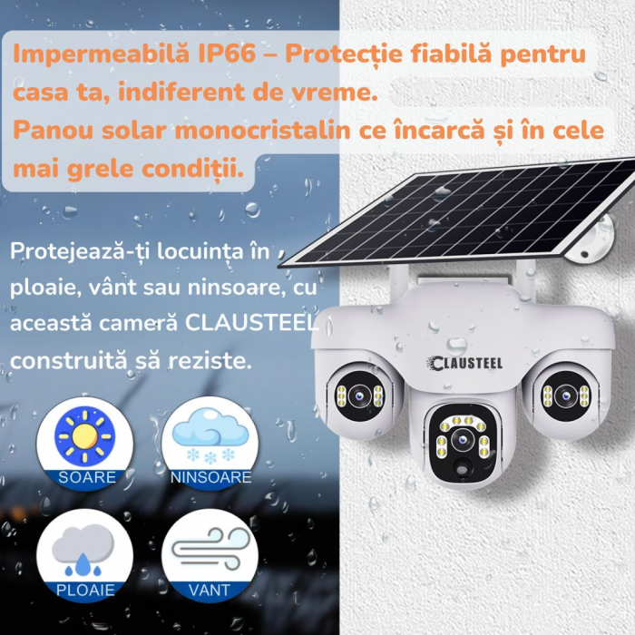 Camera de supraveghere CLAUSTEEL 3in1 cu panou solar, conexiune cu SIM 4G, 6 MP Full HD, 8000 mAh, panou solar de 8W, 3 lentile PTZ, senzor PIR, viziune nocturna color, slot MicroSD, microfon, aliment [10]