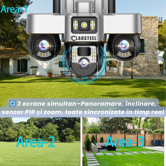 Camera de supraveghere CLAUSTEEL 3in1 cu panou solar, conexiune cu SIM 4G, 6 MP Full HD, 8000 mAh, panou solar de 8W, 3 lentile PTZ, senzor PIR, viziune nocturna color, slot MicroSD, microfon, aliment [5]