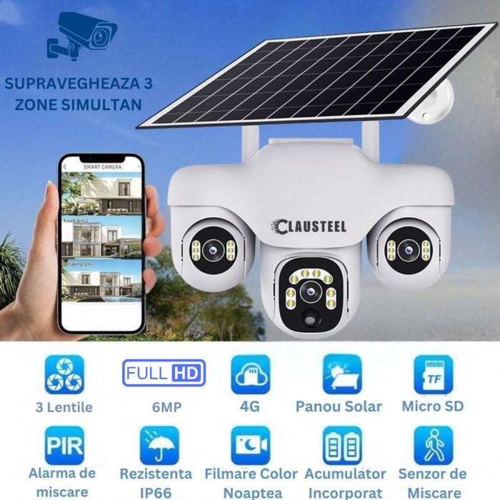 Camera de supraveghere CLAUSTEEL 3in1 cu panou solar, conexiune cu SIM 4G, 6 MP Full HD, 8000 mAh, panou solar de 8W, 3 lentile PTZ, senzor PIR, viziune nocturna color, slot MicroSD, microfon, aliment [2]