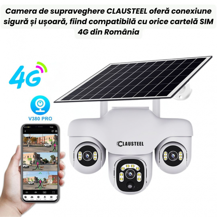 Camera de supraveghere CLAUSTEEL 3in1 cu panou solar, conexiune cu SIM 4G, 6 MP Full HD, 8000 mAh, panou solar de 8W, 3 lentile PTZ, senzor PIR, viziune nocturna color, slot MicroSD, microfon, aliment [3]