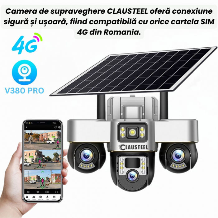 Camera de supraveghere CLAUSTEEL 3in1 cu panou solar, conexiune cu SIM 4G, 6 MP Full HD, 8000 mAh, panou solar de 8W, 3 lentile PTZ, senzor PIR, viziune nocturna color, slot MicroSD, microfon, aliment [3]