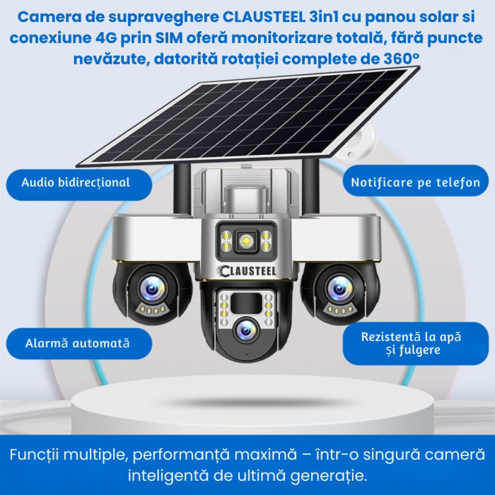 Camera de supraveghere CLAUSTEEL 3in1 cu panou solar, conexiune cu SIM 4G, 6 MP Full HD, 8000 mAh, panou solar de 8W, 3 lentile PTZ, senzor PIR, viziune nocturna color, slot MicroSD, microfon, aliment [12]