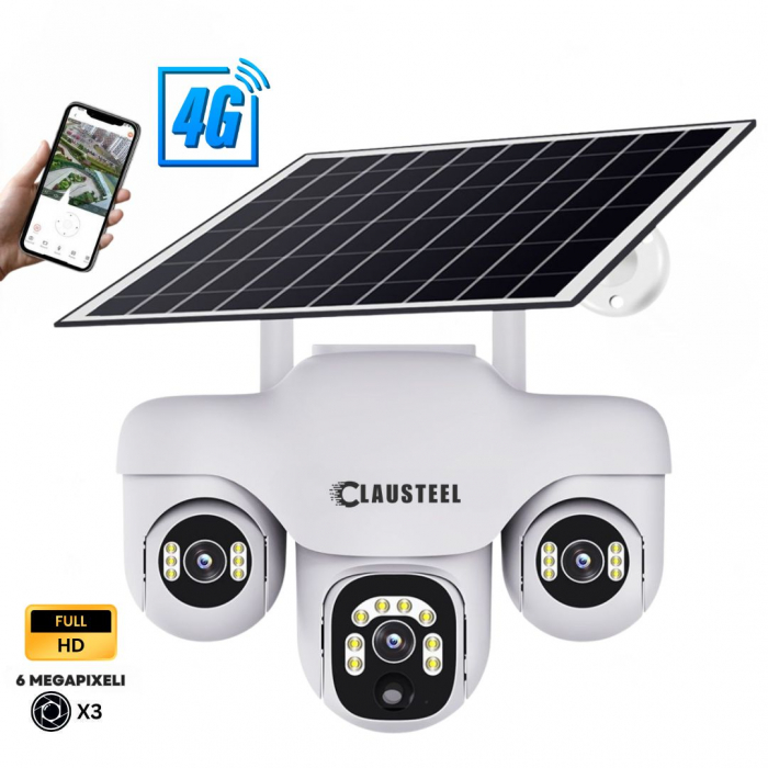 Camera de supraveghere CLAUSTEEL 3in1 cu panou solar, conexiune cu SIM 4G, 6 MP Full HD, 8000 mAh, panou solar de 8W, 3 lentile PTZ, senzor PIR, viziune nocturna color, slot MicroSD, microfon, aliment [1]