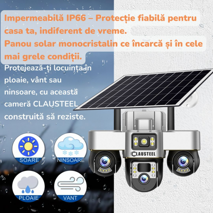 Camera de supraveghere CLAUSTEEL 3in1 cu panou solar, conexiune cu SIM 4G, 6 MP Full HD, 8000 mAh, panou solar de 8W, 3 lentile PTZ, senzor PIR, viziune nocturna color, slot MicroSD, microfon, aliment [11]