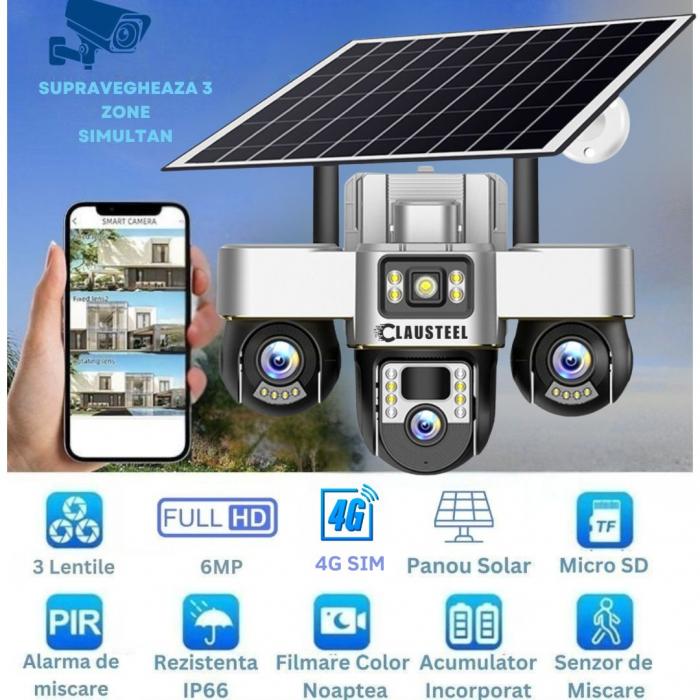 Camera de supraveghere CLAUSTEEL 3in1 cu panou solar, conexiune cu SIM 4G, 6 MP Full HD, 8000 mAh, panou solar de 8W, 3 lentile PTZ, senzor PIR, viziune nocturna color, slot MicroSD, microfon, aliment [2]