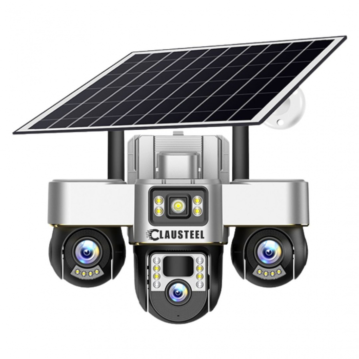 Camera de supraveghere CLAUSTEEL 3in1 cu panou solar, conexiune cu SIM 4G, 6 MP Full HD, 8000 mAh, panou solar de 8W, 3 lentile PTZ, senzor PIR, viziune nocturna color, slot MicroSD, microfon, aliment [15]