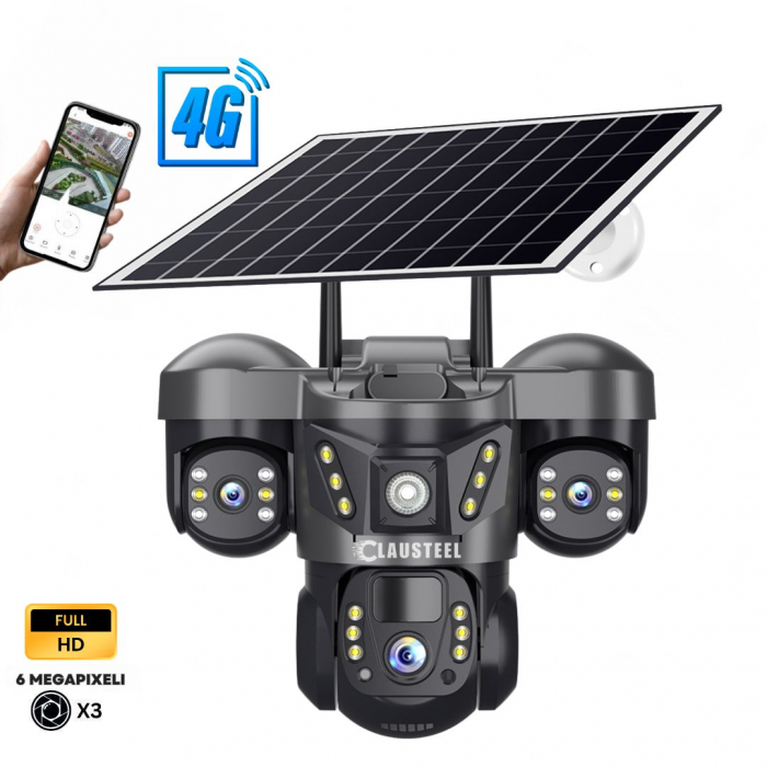 Camera de supraveghere CLAUSTEEL 3in1 cu panou solar, conexiune cu SIM 4G, 6 MP Full HD, 8000 mAh, panou solar de 8W, 3 lentile, senzor PIR, viziune nocturna color, slot MicroSD, microfon, alimentare [1]