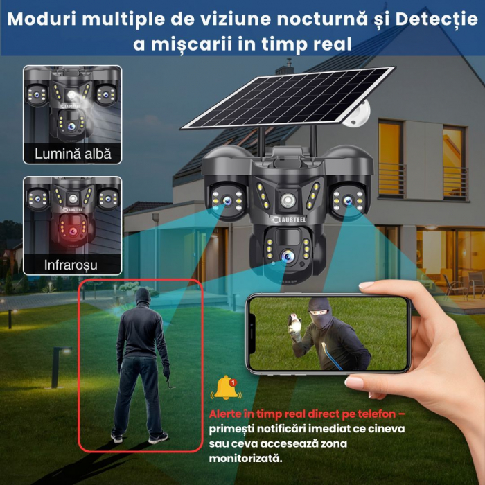 Camera de supraveghere CLAUSTEEL 3in1 cu panou solar, conexiune cu SIM 4G, 6 MP Full HD, 8000 mAh, panou solar de 8W, 3 lentile, senzor PIR, viziune nocturna color, slot MicroSD, microfon, alimentare [7]