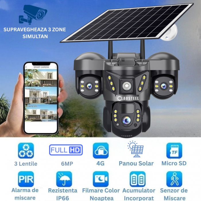 Camera de supraveghere CLAUSTEEL 3in1 cu panou solar, conexiune cu SIM 4G, 6 MP Full HD, 8000 mAh, panou solar de 8W, 3 lentile, senzor PIR, viziune nocturna color, slot MicroSD, microfon, alimentare [2]