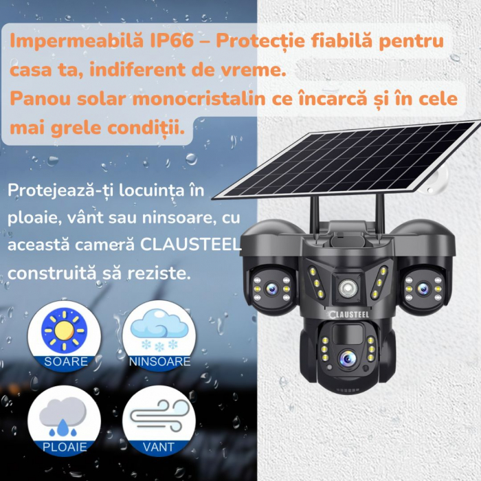 Camera de supraveghere CLAUSTEEL 3in1 cu panou solar, conexiune cu SIM 4G, 6 MP Full HD, 8000 mAh, panou solar de 8W, 3 lentile, senzor PIR, viziune nocturna color, slot MicroSD, microfon, alimentare [12]