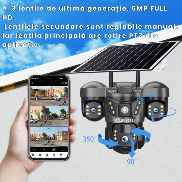 Camera de supraveghere CLAUSTEEL 3in1 cu panou solar, conexiune cu SIM 4G, 6 MP Full HD, 8000 mAh, panou solar de 8W, 3 lentile, senzor PIR, viziune nocturna color, slot MicroSD, microfon, alimentare [4]