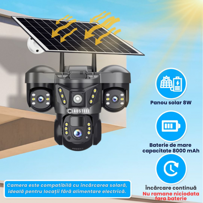 Camera de supraveghere CLAUSTEEL 3in1 cu panou solar, conexiune cu SIM 4G, 6 MP Full HD, 8000 mAh, panou solar de 8W, 3 lentile, senzor PIR, viziune nocturna color, slot MicroSD, microfon, alimentare [8]