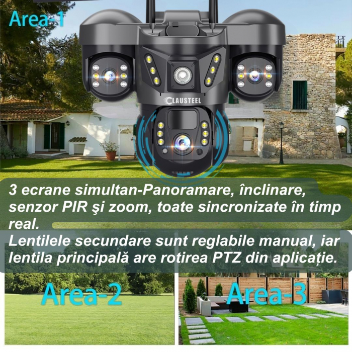 Camera de supraveghere CLAUSTEEL 3in1 cu panou solar, conexiune cu SIM 4G, 6 MP Full HD, 8000 mAh, panou solar de 8W, 3 lentile, senzor PIR, viziune nocturna color, slot MicroSD, microfon, alimentare [5]