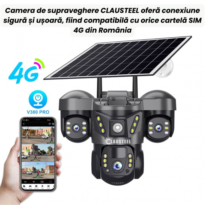 Camera de supraveghere CLAUSTEEL 3in1 cu panou solar, conexiune cu SIM 4G, 6 MP Full HD, 8000 mAh, panou solar de 8W, 3 lentile, senzor PIR, viziune nocturna color, slot MicroSD, microfon, alimentare [3]