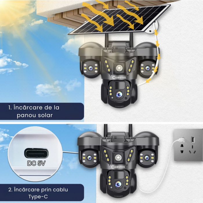 Camera de supraveghere CLAUSTEEL 3in1 cu panou solar, conexiune cu SIM 4G, 6 MP Full HD, 8000 mAh, panou solar de 8W, 3 lentile, senzor PIR, viziune nocturna color, slot MicroSD, microfon, alimentare [9]