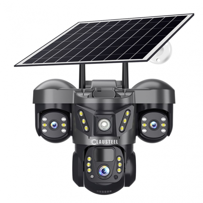 Camera de supraveghere CLAUSTEEL 3in1 cu panou solar, conexiune cu SIM 4G, 6 MP Full HD, 8000 mAh, panou solar de 8W, 3 lentile, senzor PIR, viziune nocturna color, slot MicroSD, microfon, alimentare [15]