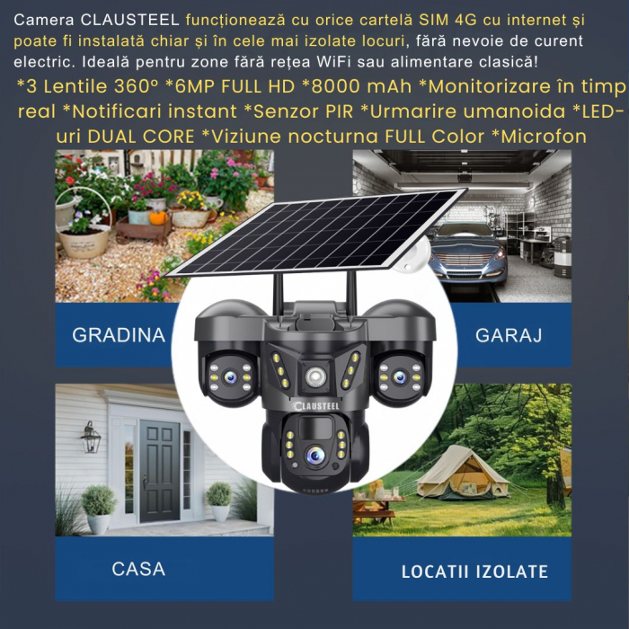 Camera de supraveghere CLAUSTEEL 3in1 cu panou solar, conexiune cu SIM 4G, 6 MP Full HD, 8000 mAh, panou solar de 8W, 3 lentile, senzor PIR, viziune nocturna color, slot MicroSD, microfon, alimentare [16]