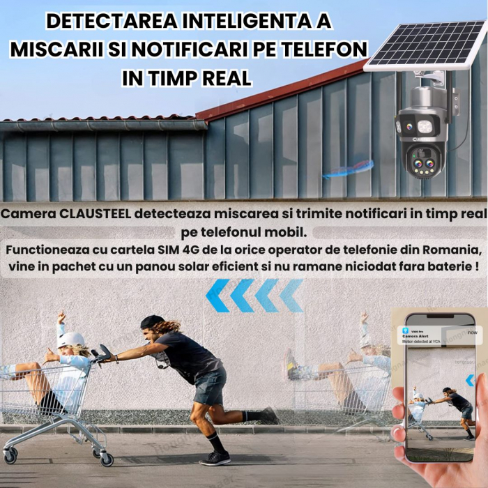 Camera de supraveghere CLAUSTEEL 3in1 cu panou solar, conexiune SIM 4G, 6MP ULTRA HD, acumulator de 8000 mAh, Rotire automata, Urmarire inteligenta, Night Vision color, Zoom x10, Card MicroSD 64 GB in [6]