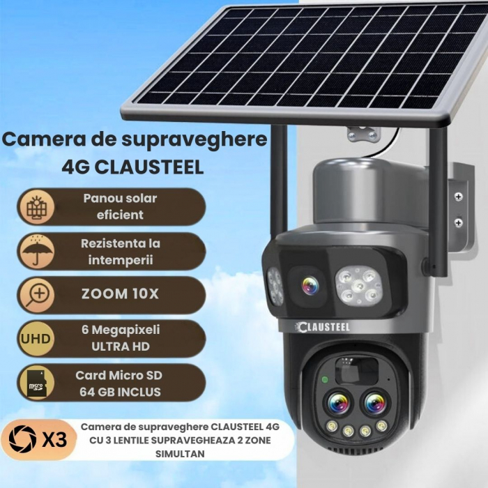 Camera de supraveghere CLAUSTEEL 3in1 cu panou solar, conexiune SIM 4G, 6MP ULTRA HD, acumulator de 8000 mAh, Rotire automata, Urmarire inteligenta, Night Vision color, Zoom x10, Card MicroSD 64 GB in [2]