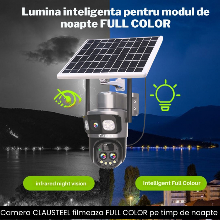 Camera de supraveghere CLAUSTEEL 3in1 cu panou solar, conexiune SIM 4G, 6MP ULTRA HD, acumulator de 8000 mAh, Rotire automata, Urmarire inteligenta, Night Vision color, Zoom x10, Card MicroSD 64 GB in [3]