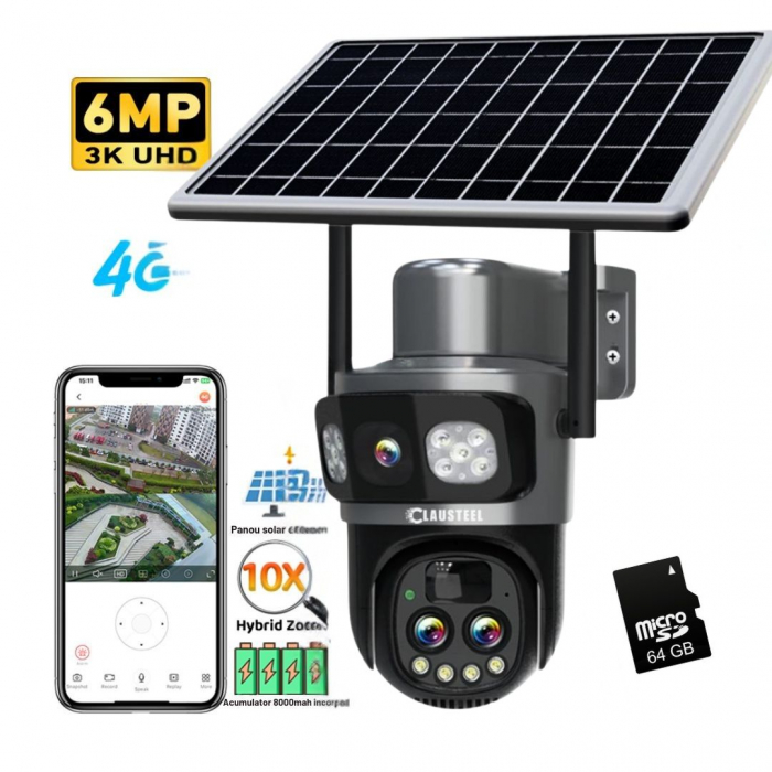 Camera de supraveghere CLAUSTEEL 3in1 cu panou solar, conexiune SIM 4G, 6MP ULTRA HD, acumulator de 8000 mAh, Rotire automata, Urmarire inteligenta, Night Vision color, Zoom x10, Card MicroSD 64 GB in [1]