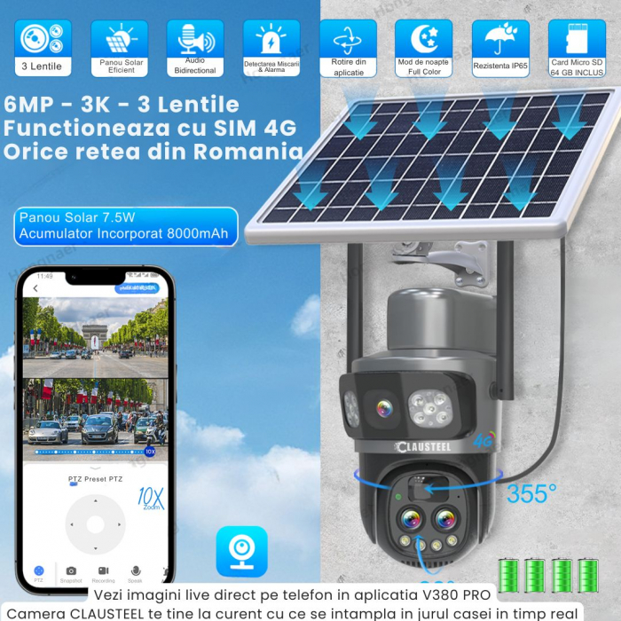 Camera de supraveghere CLAUSTEEL 3in1 cu panou solar, conexiune SIM 4G, 6MP ULTRA HD, acumulator de 8000 mAh, Rotire automata, Urmarire inteligenta, Night Vision color, Zoom x10, Card MicroSD 64 GB in [5]