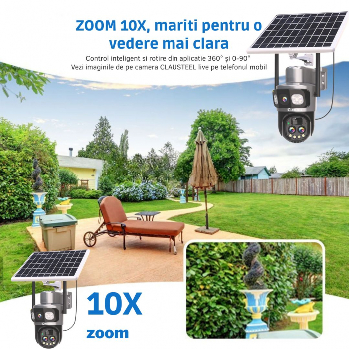 Camera de supraveghere CLAUSTEEL 3in1 cu panou solar, conexiune SIM 4G, 6MP ULTRA HD, acumulator de 8000 mAh, Rotire automata, Urmarire inteligenta, Night Vision color, Zoom x10, Card MicroSD 64 GB in [9]