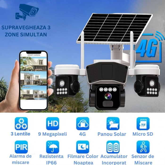 Camera de supraveghere CLAUSTEEL 3in1 cu panou solar, conexiune SIM 4G, 9MP, acumulator de 16.000 mAh, Rotire automata, urmarire inteligenta, Night Vision color, lumini nocturne, Slot MicroSD, Vedere [2]