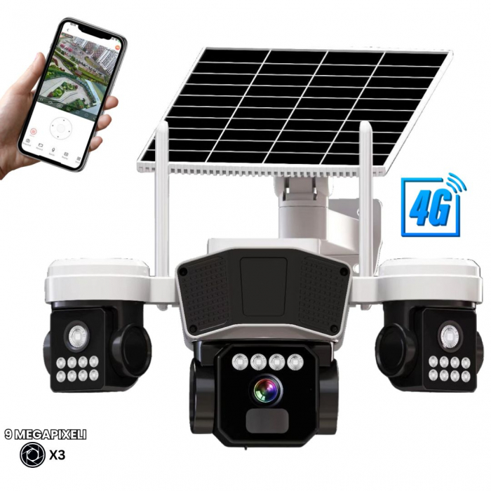 Camera de supraveghere CLAUSTEEL 3in1 cu panou solar, conexiune SIM 4G, 9MP, acumulator de 16.000 mAh, Rotire automata, urmarire inteligenta, Night Vision color, lumini nocturne, Slot MicroSD, Vedere [1]