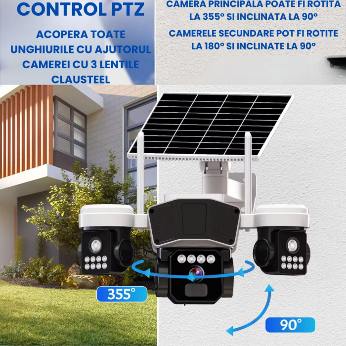 Camera de supraveghere CLAUSTEEL 3in1 cu panou solar, conexiune SIM 4G, 9MP, acumulator de 16.000 mAh, Rotire automata, urmarire inteligenta, Night Vision color, lumini nocturne, Slot MicroSD, Vedere [3]