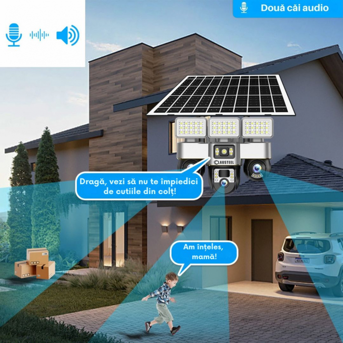 Camera de supraveghere CLAUSTEEL 3in1 cu panou solar, conexiune WIFI, 6 MP Full HD, 16000 mAh, panou solar de 15W, 3 lentile PTZ, senzor PIR, viziune nocturna color, slot MicroSD, microfon, alimentare [11]