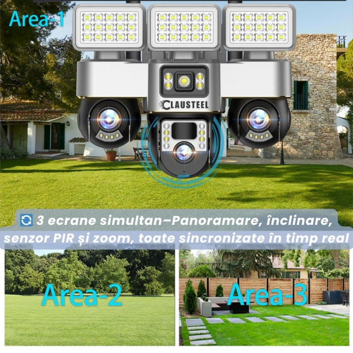 Camera de supraveghere CLAUSTEEL 3in1 cu panou solar, conexiune WIFI, 6 MP Full HD, 16000 mAh, panou solar de 15W, 3 lentile PTZ, senzor PIR, viziune nocturna color, slot MicroSD, microfon, alimentare [5]