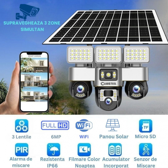 Camera de supraveghere CLAUSTEEL 3in1 cu panou solar, conexiune WIFI, 6 MP Full HD, 16000 mAh, panou solar de 15W, 3 lentile PTZ, senzor PIR, viziune nocturna color, slot MicroSD, microfon, alimentare [2]