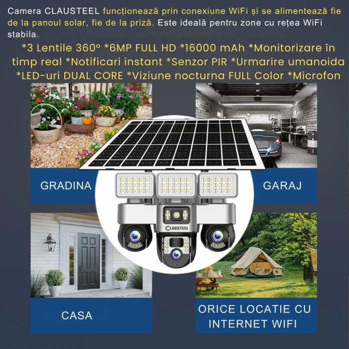 Camera de supraveghere CLAUSTEEL 3in1 cu panou solar, conexiune WIFI, 6 MP Full HD, 16000 mAh, panou solar de 15W, 3 lentile PTZ, senzor PIR, viziune nocturna color, slot MicroSD, microfon, alimentare [14]