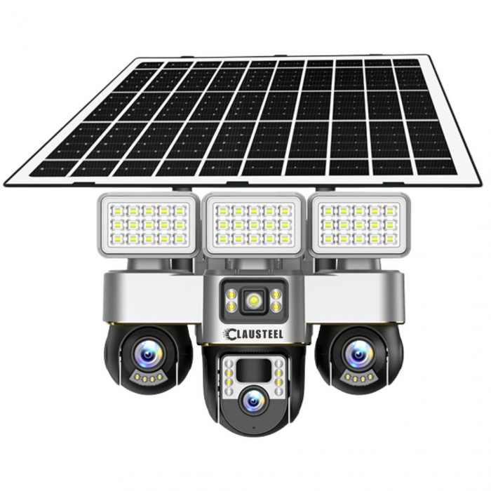 Camera de supraveghere CLAUSTEEL 3in1 cu panou solar, conexiune WIFI, 6 MP Full HD, 16000 mAh, panou solar de 15W, 3 lentile PTZ, senzor PIR, viziune nocturna color, slot MicroSD, microfon, alimentare [15]