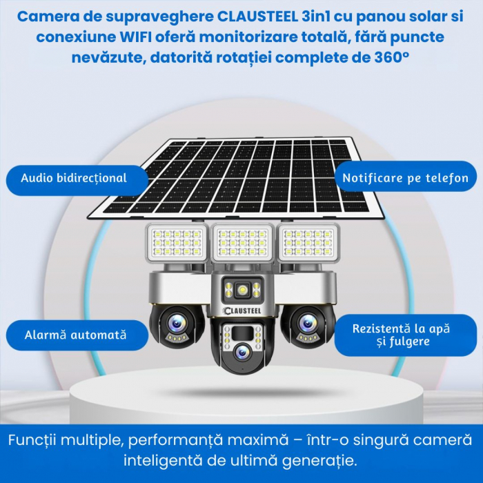 Camera de supraveghere CLAUSTEEL 3in1 cu panou solar, conexiune WIFI, 6 MP Full HD, 16000 mAh, panou solar de 15W, 3 lentile PTZ, senzor PIR, viziune nocturna color, slot MicroSD, microfon, alimentare [13]