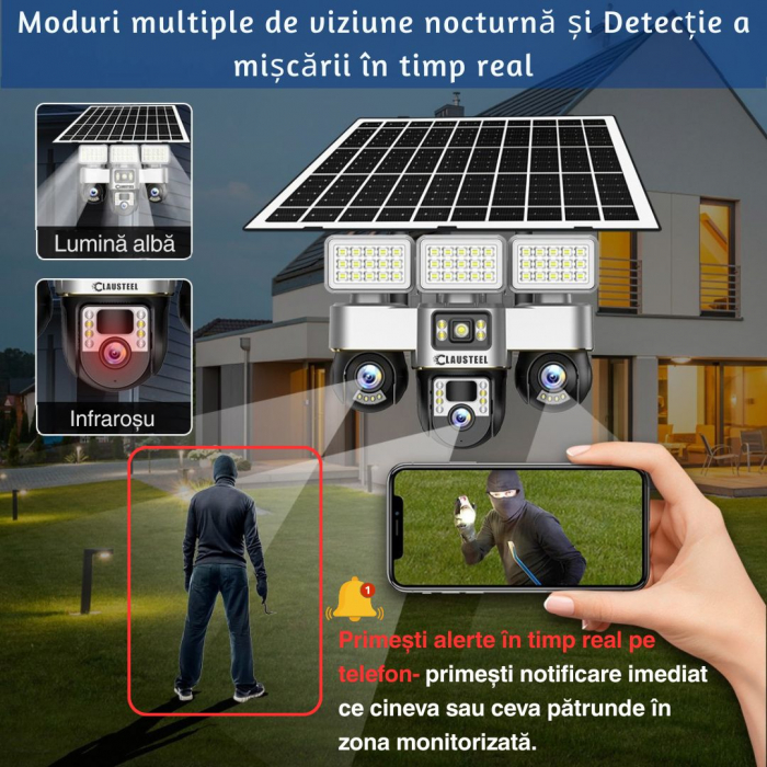 Camera de supraveghere CLAUSTEEL 3in1 cu panou solar, conexiune WIFI, 6 MP Full HD, 16000 mAh, panou solar de 15W, 3 lentile PTZ, senzor PIR, viziune nocturna color, slot MicroSD, microfon, alimentare [7]