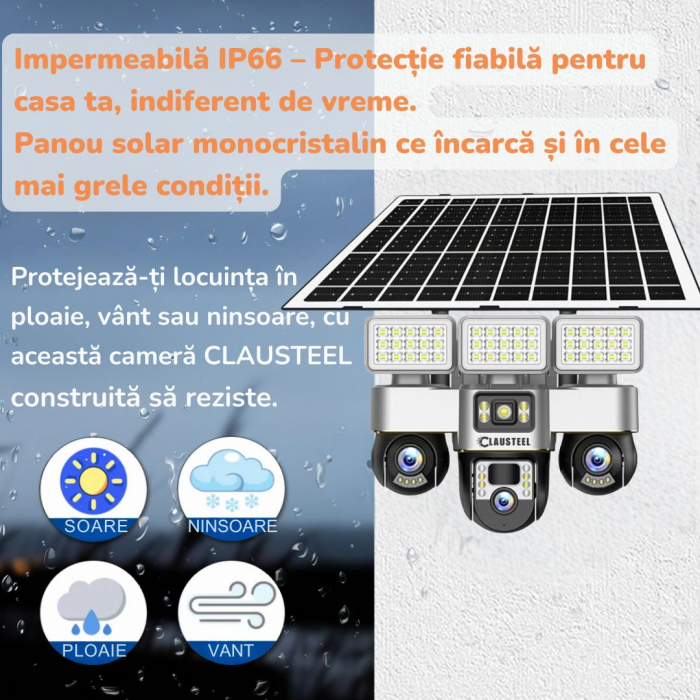 Camera de supraveghere CLAUSTEEL 3in1 cu panou solar, conexiune WIFI, 6 MP Full HD, 16000 mAh, panou solar de 15W, 3 lentile PTZ, senzor PIR, viziune nocturna color, slot MicroSD, microfon, alimentare [10]