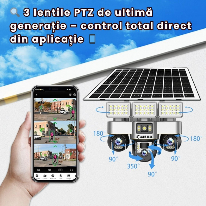Camera de supraveghere CLAUSTEEL 3in1 cu panou solar, conexiune WIFI, 6 MP Full HD, 16000 mAh, panou solar de 15W, 3 lentile PTZ, senzor PIR, viziune nocturna color, slot MicroSD, microfon, alimentare [4]