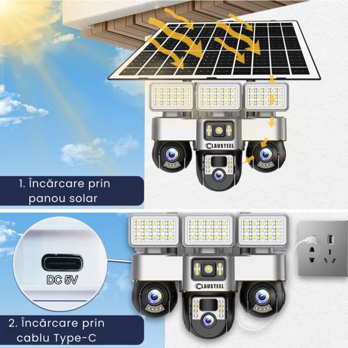 Camera de supraveghere CLAUSTEEL 3in1 cu panou solar, conexiune WIFI, 6 MP Full HD, 16000 mAh, panou solar de 15W, 3 lentile PTZ, senzor PIR, viziune nocturna color, slot MicroSD, microfon, alimentare [9]