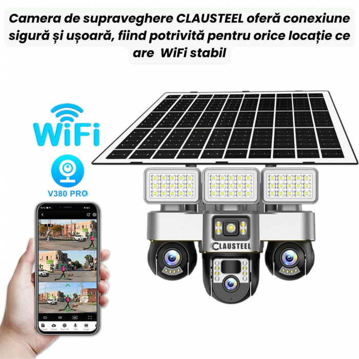 Camera de supraveghere CLAUSTEEL 3in1 cu panou solar, conexiune WIFI, 6 MP Full HD, 16000 mAh, panou solar de 15W, 3 lentile PTZ, senzor PIR, viziune nocturna color, slot MicroSD, microfon, alimentare [3]