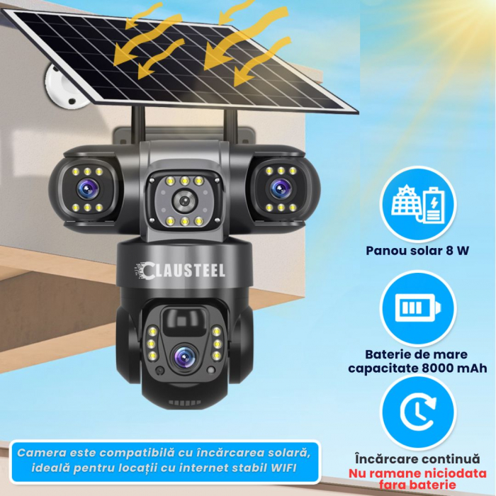 Camera de supraveghere CLAUSTEEL 3in1 cu panou solar, conexiune WIFI, 6 MP Full HD, 8000 mAh, panou solar de 8W, 3 lentile, senzor PIR, viziune nocturna color, slot MicroSD, microfon, alimentare dubla [5]