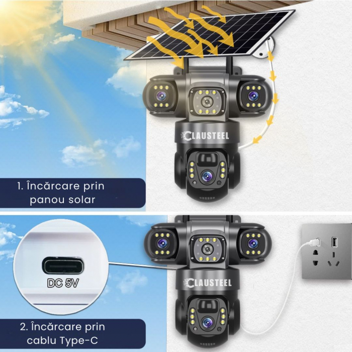 Camera de supraveghere CLAUSTEEL 3in1 cu panou solar, conexiune WIFI, 6 MP Full HD, 8000 mAh, panou solar de 8W, 3 lentile, senzor PIR, viziune nocturna color, slot MicroSD, microfon, alimentare dubla [6]