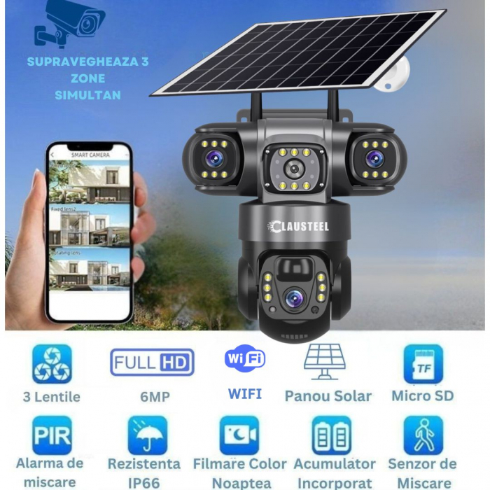 Camera de supraveghere CLAUSTEEL 3in1 cu panou solar, conexiune WIFI, 6 MP Full HD, 8000 mAh, panou solar de 8W, 3 lentile, senzor PIR, viziune nocturna color, slot MicroSD, microfon, alimentare dubla [2]