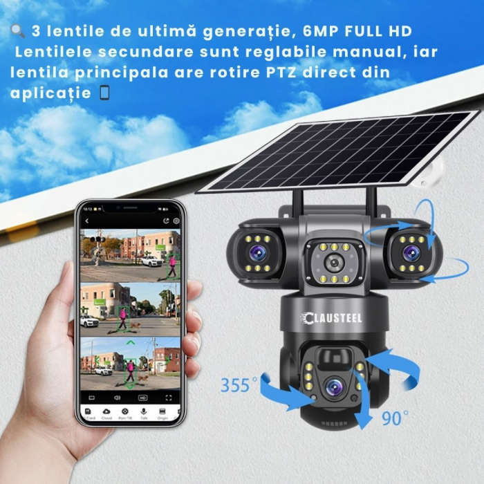 Camera de supraveghere CLAUSTEEL 3in1 cu panou solar, conexiune WIFI, 6 MP Full HD, 8000 mAh, panou solar de 8W, 3 lentile, senzor PIR, viziune nocturna color, slot MicroSD, microfon, alimentare dubla [4]