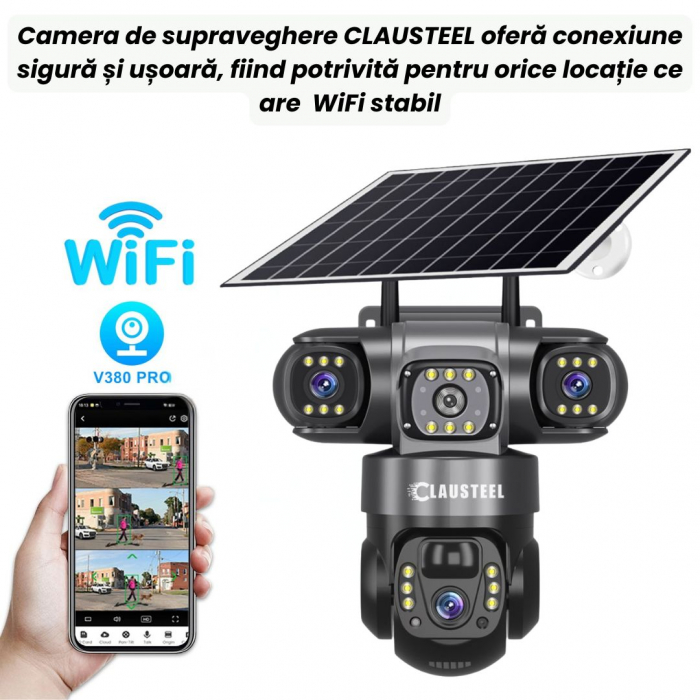 Camera de supraveghere CLAUSTEEL 3in1 cu panou solar, conexiune WIFI, 6 MP Full HD, 8000 mAh, panou solar de 8W, 3 lentile, senzor PIR, viziune nocturna color, slot MicroSD, microfon, alimentare dubla [3]