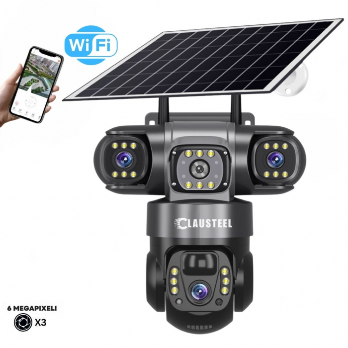 Camera de supraveghere CLAUSTEEL 3in1 cu panou solar, conexiune WIFI, 6 MP Full HD, 8000 mAh, panou solar de 8W, 3 lentile, senzor PIR, viziune nocturna color, slot MicroSD, microfon, alimentare dubla [1]