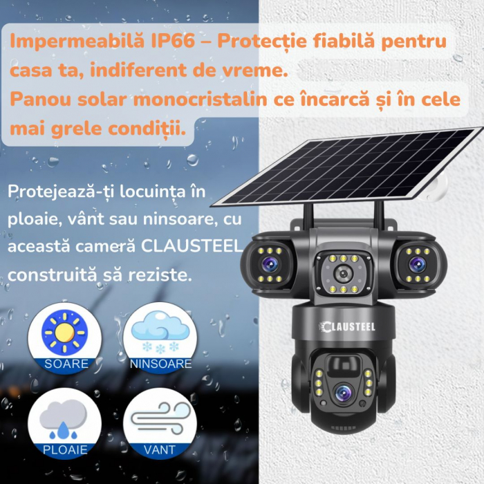 Camera de supraveghere CLAUSTEEL 3in1 cu panou solar, conexiune WIFI, 6 MP Full HD, 8000 mAh, panou solar de 8W, 3 lentile, senzor PIR, viziune nocturna color, slot MicroSD, microfon, alimentare dubla [9]