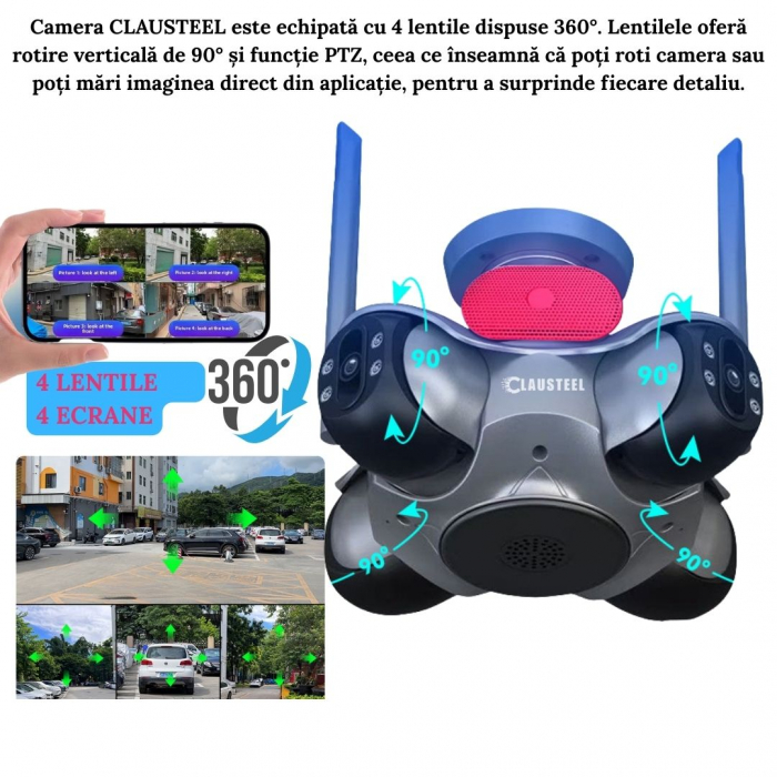 Camera de supraveghere CLAUSTEEL 4in1, WiFi, 360 de grade, 4 lentile PTZ, 12 MP, senzor de miscare, slot MicroSD, microfon, viziune nocturna color, alarma, supravegheaza 4 zone in acelasi timp [3]