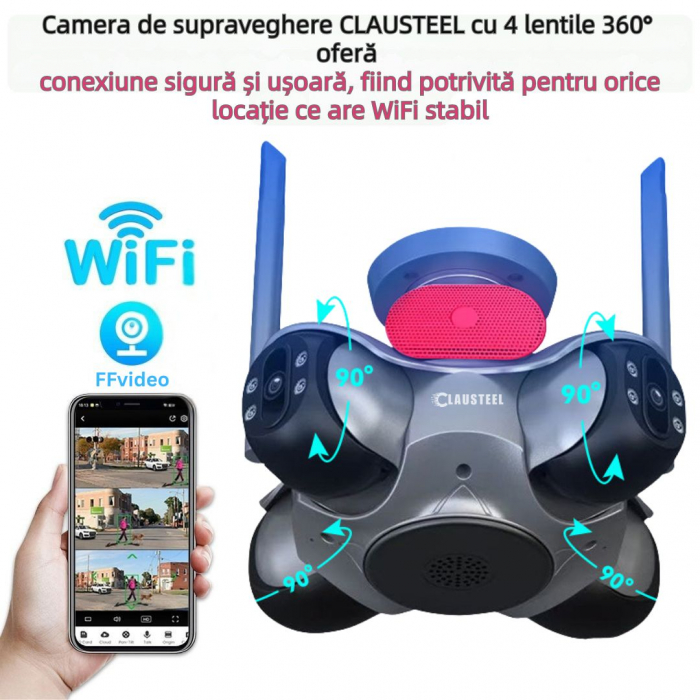 Camera de supraveghere CLAUSTEEL 4in1, WiFi, 360 de grade, 4 lentile PTZ, 12 MP, senzor de miscare, slot MicroSD, microfon, viziune nocturna color, alarma, supravegheaza 4 zone in acelasi timp [4]